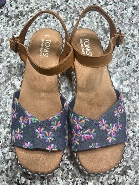 Toms Blue Floral Espadrille Platform Sandal with Brown Ankle Strap Size 8